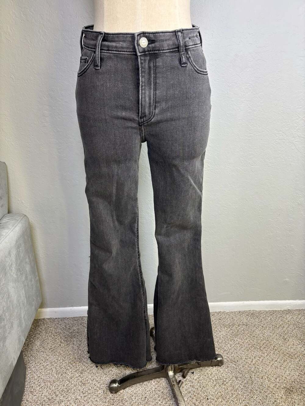 Hollister Black Grey Wash Flare Raw Hem Split Ankle Jeans
